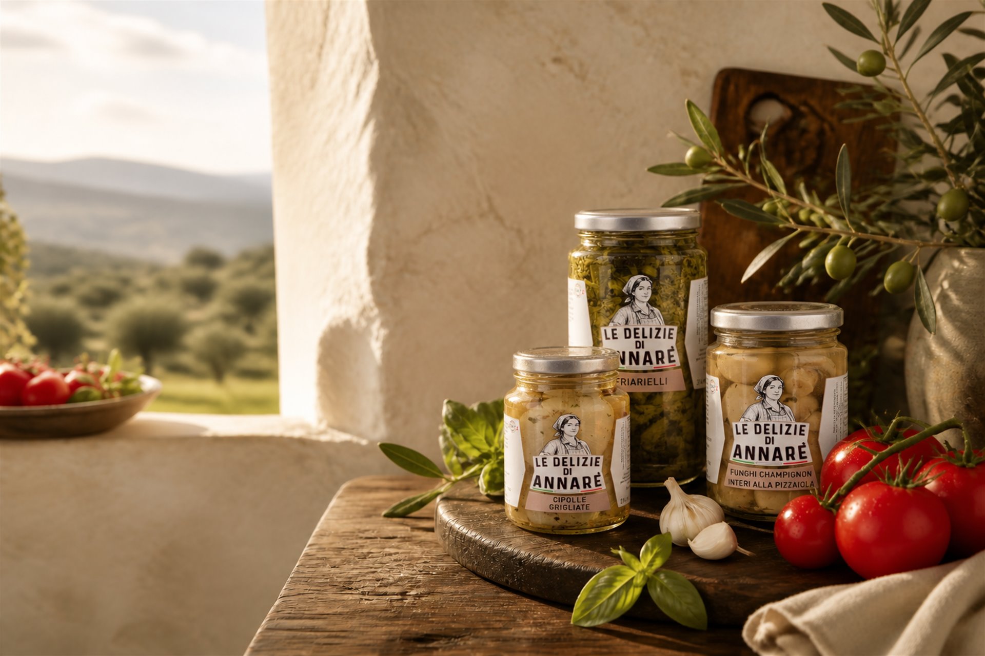 Conserve artigianali, pomodori, olive ed erbe aromatiche